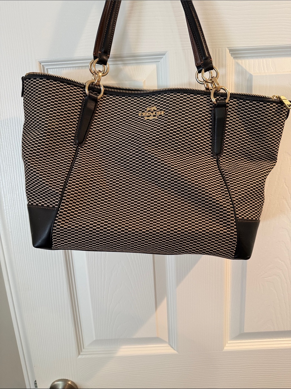 Coach Black and Cream Textured Tote with Leather Trim